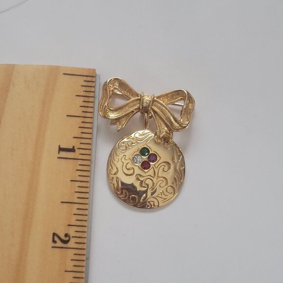 Avon Gold-Tone Bow Brooch Pendant With Engraved Round Pendant & Gem Accents - Picture 4 of 4